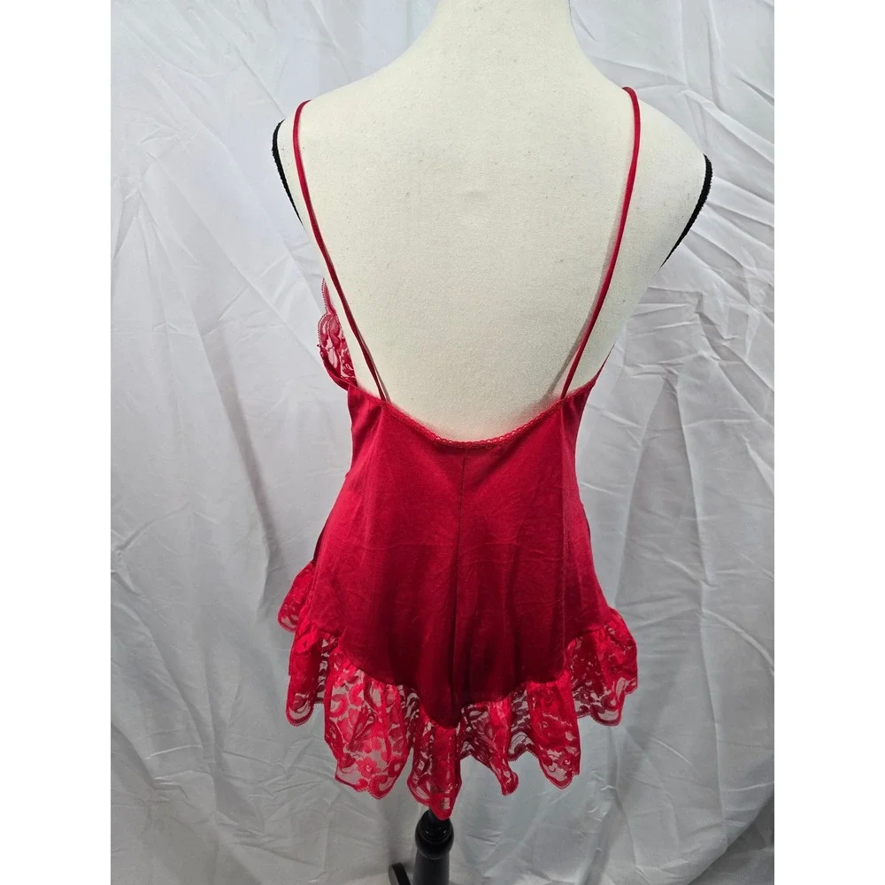 Interludes by Cira Red‎ Lace Trim Teddy Bodysuit Lingerie Vintage Style Medium